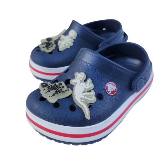 Crocs Kids Crocband Navy Blue Red White Stripes Clogs w/ Dinosaur Charms Size C6 - Picture 5 of 8